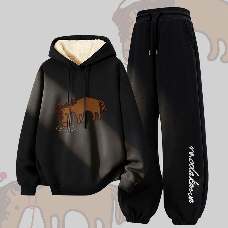 MODAKAWA Thirsty Horse Graphic Thick Fleece Lined Hoodie Pants Two Pieces Set - Black - 5XL - image 4