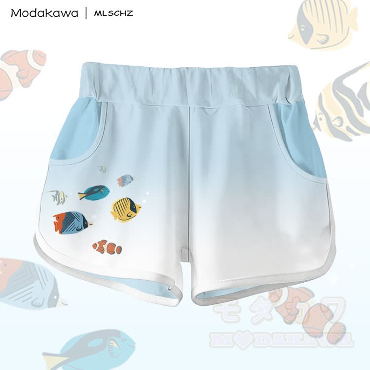 MODAKAWA X MLSCHZ Fish Graphic 100% Cotton T-shirt Gradient Shorts Matching Outfit - Sky Blue Shorts - 5XL - image 8
