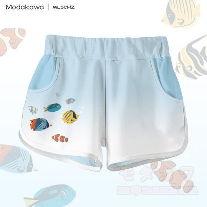 MODAKAWA X MLSCHZ Fish Graphic 100% Cotton T-shirt Gradient Shorts Matching Outfit - Sky Blue Shorts - 5XL - image 8