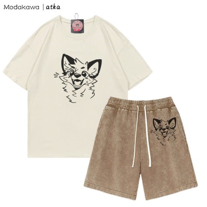 MODAKAWA X atka Cheerful Fox Graphic T-shirt Vintage Washed Shorts Two Pieces Set - Beige&Brown - 3XL - image 3