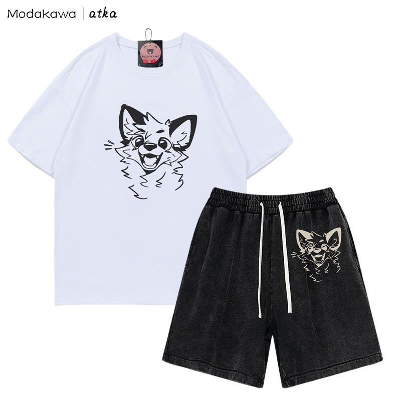 MODAKAWA X atka Cheerful Fox Graphic T-shirt Vintage Washed Shorts Two Pieces Set - White&Black - 3XL - image 7