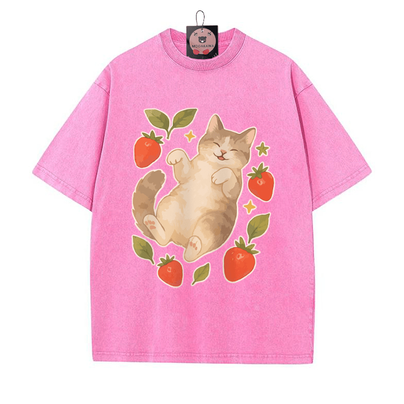 Kitty Strawberry Print Vintage Washed T-shirt - Rose Red - 5XL - image 5