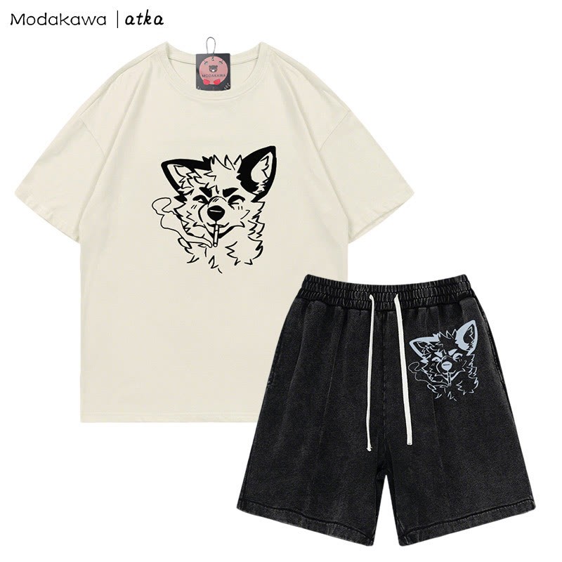 MODAKAWA X atka Fox Smoking Graphic T-shirt Vintage Washed Shorts Two Pieces Set - Beige&Black - 3XL - image 4
