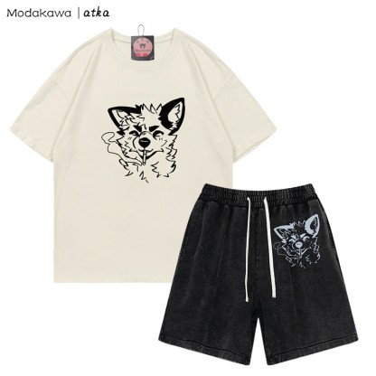 MODAKAWA X atka Fox Smoking Graphic T-shirt Vintage Washed Shorts Two Pieces Set - Beige&Black - 3XL - image 4
