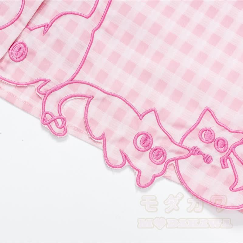 High Quality Cat Embroidery Plaid Long Sleeve Loose Shirt - image 5
