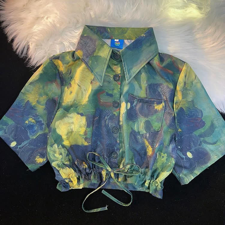 Tropical Print Cropped Button-Up Shirt - Multicolor I - L - image 11