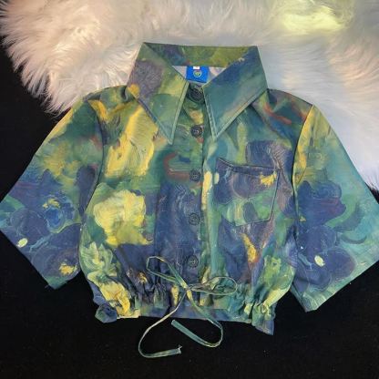Tropical Print Cropped Button-Up Shirt - Multicolor I - L - image 11