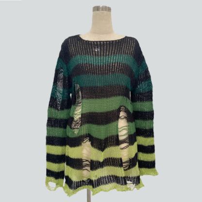 Gradient Loose Distressed Ripped Striped Knit Sweater - image 4