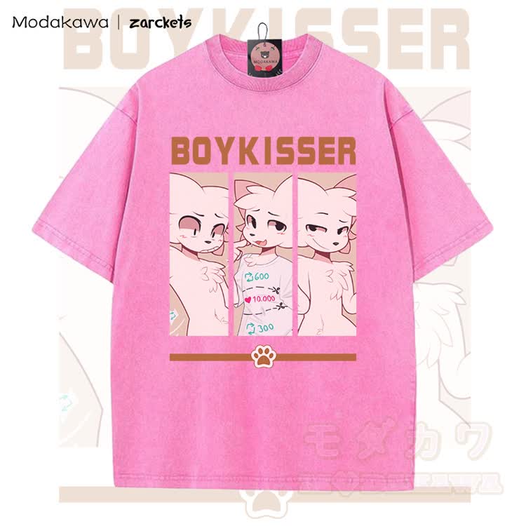 MODAKAWA X zarckets BOYKISSER Anime Cat Character Graphic Vintage Washed T-shirt - Rose Red - 5XL - image 4