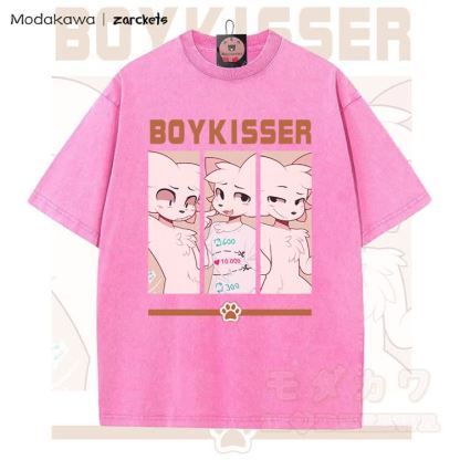 MODAKAWA X zarckets BOYKISSER Anime Cat Character Graphic Vintage Washed T-shirt - Rose Red - 5XL - image 4