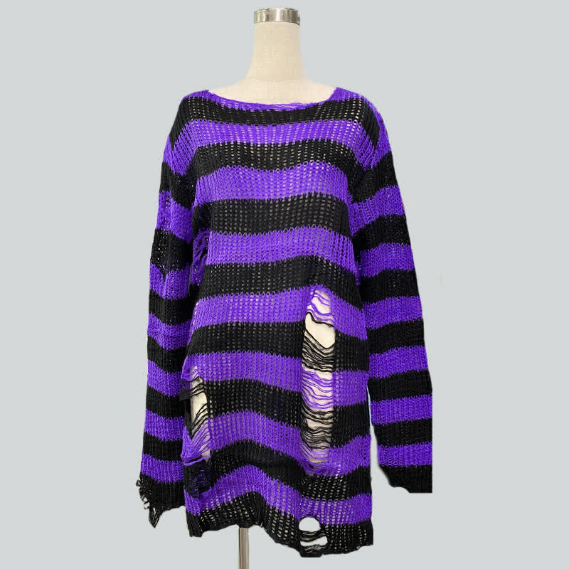 Oversized Striped Hollow Out Ripped Long Sleeve Knit Sweater - Black & Purple - One Size - image 5