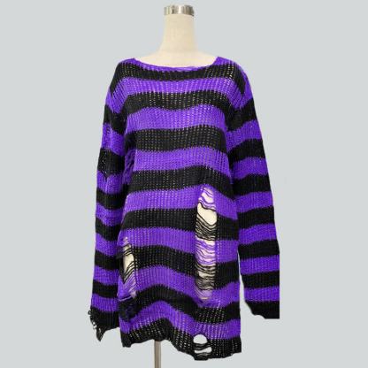 Oversized Striped Hollow Out Ripped Long Sleeve Knit Sweater - Black & Purple - One Size - image 5