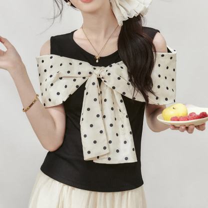 Dot Big Bow off Shoulder Top And BPBP Print T Shirt Couple Matching Set - image 4