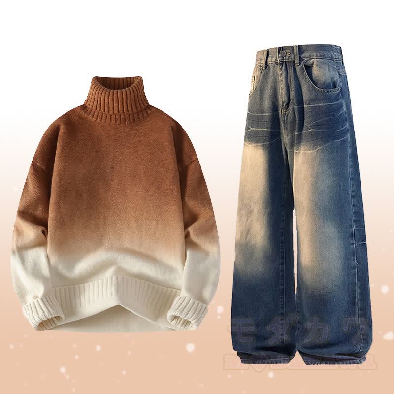 Gradient Knit Turtleneck Sweater Denim Pants Two Pieces - Set D - 3XL - image 4