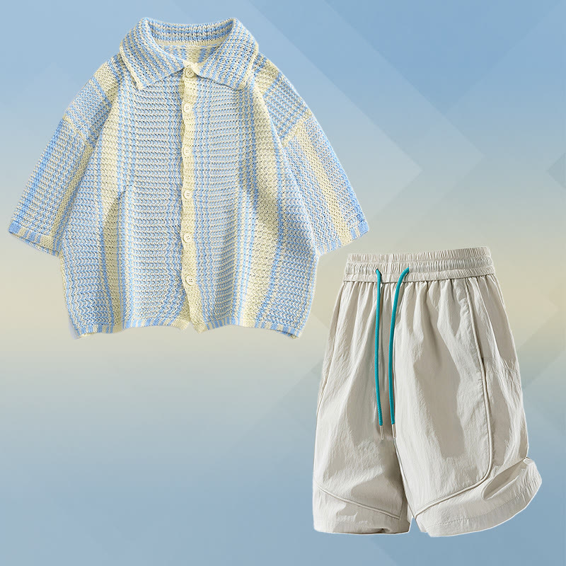Stripe Knit Polo Shirt Quick Dry Drawstring Shorts Modakawa Matching Outfit - Two Pieces Set E - 2XL - image 5