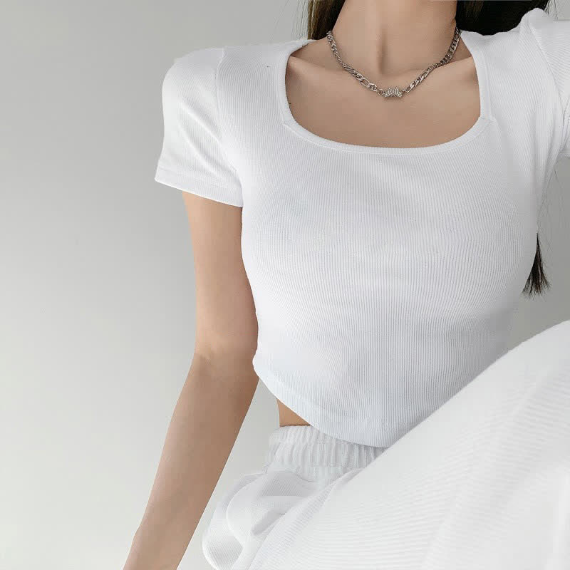 Pure Color Round Collar Crop Top T-Shirt - White - 2XL - image 3
