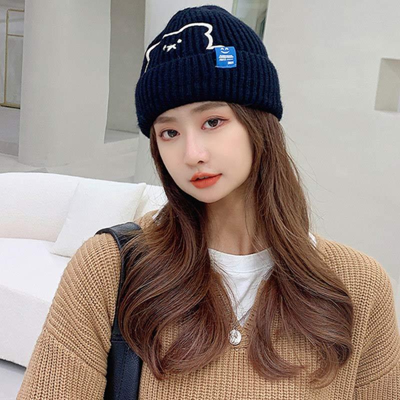 Cartoon Bear Embroidery Knit Hat - image 3