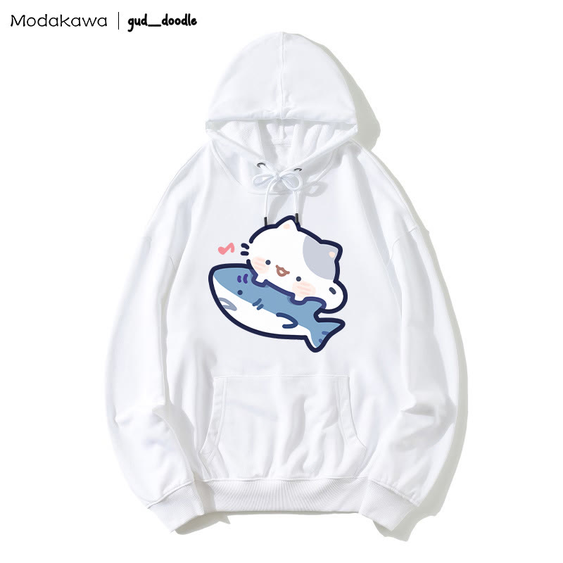 MODAKAWA X gud_doodle Kitty Shark Print Loose Hoodie - White - 5XL - image 4