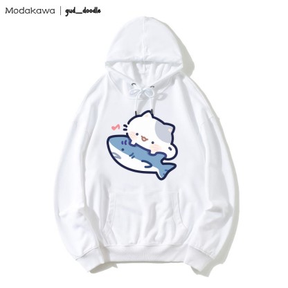 MODAKAWA X gud_doodle Kitty Shark Print Loose Hoodie - White - 5XL - image 4