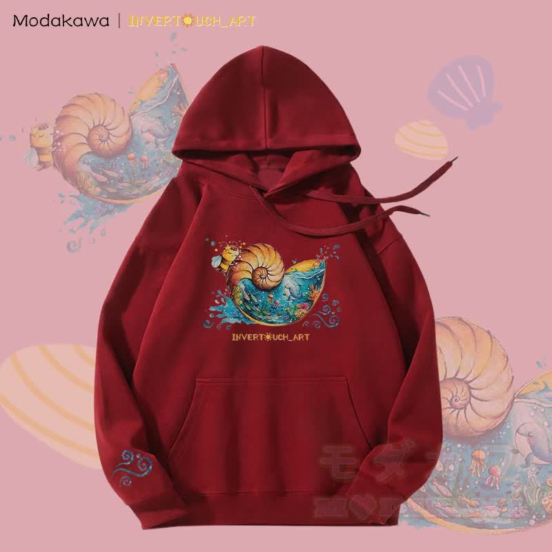 MODAKAWA X  INVERTOUCH_ART Seashell Bee Graphic Fleece Lined Hoodie - Red - 5XL - image 5