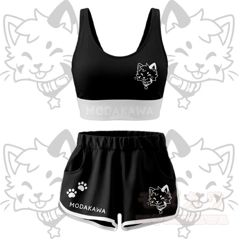 Kitty Graphic Crop Tank Sport Top Shorts Bikini Modakawa Matching Outfit - Black Set - 5XL - image 14