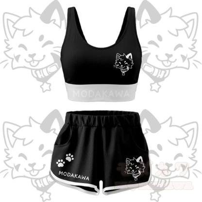 Kitty Graphic Crop Tank Sport Top Shorts Bikini Modakawa Matching Outfit - Black Set - 5XL - image 14