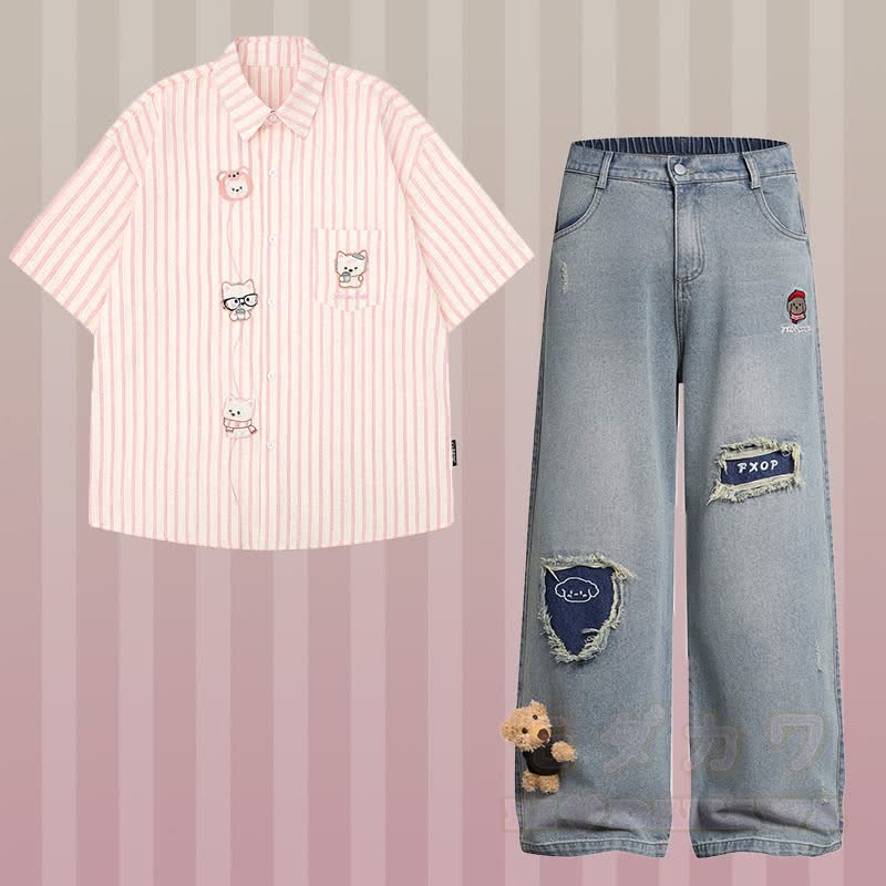 Stripe Puppy Embroidery Shirt 3D Bear Ripped Denim Pants Modakawa Matching Outfit - Set C - XL - image 7