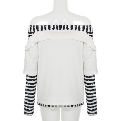 Y2K Graphic Striped Off Shoulder Long Sleeve Top - image 5