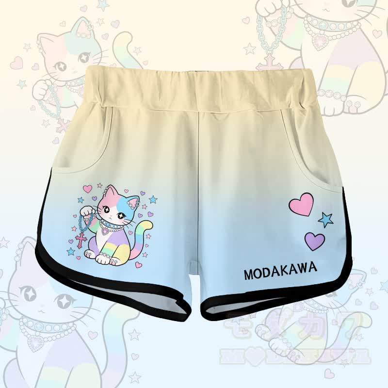 Pastel Gradient Cat Graphic Modakawa Shorts - Yellow - 5XL - image 4