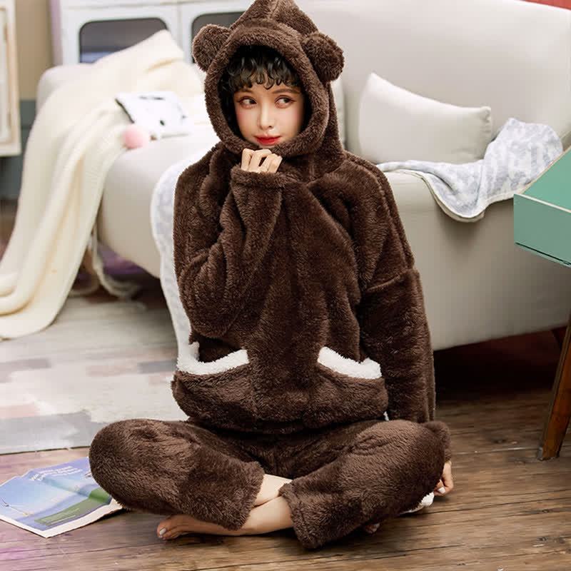 Women Bear Plush Hooded Pajama Set - image 4