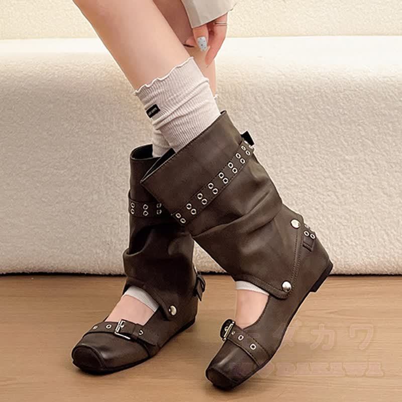 Vintage Buckle Strap Detachable Two-Way Wear Mid Calf Heel Boots - image 5