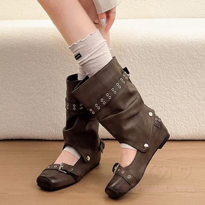 Vintage Buckle Strap Detachable Two-Way Wear Mid Calf Heel Boots - image 5