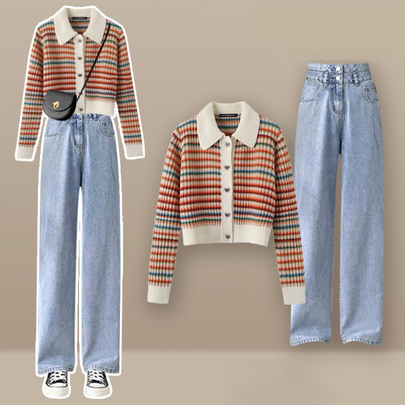 Colorblock Stripe Rainbow Cardigan Sweater Casual Pants Matching Outfit - Set A - XL - image 1