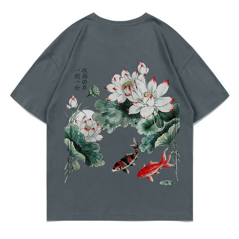 MODAKAWA Flower Fish Print Loose Summer Short Sleeve T-Shirt - Dark Gray - 5XL - image 13