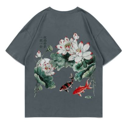 MODAKAWA Flower Fish Print Loose Summer Short Sleeve T-Shirt - Dark Gray - 5XL - image 13