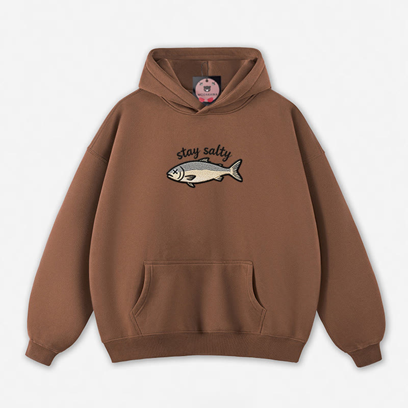 STAY SALTY Dead Fish Graphic Loose Hoodie - Brown - 5XL - image 9