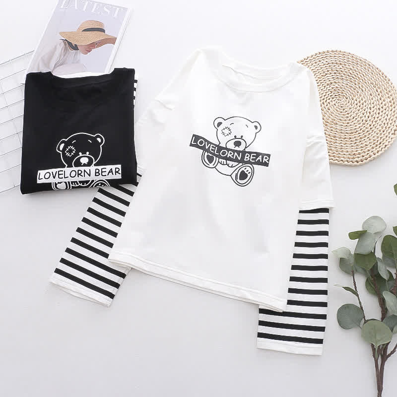 Cartoon Bear Letter Print Stripe Sleeve Sweatshirt - image 5