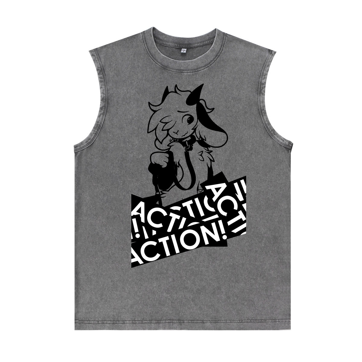 MODAKAWA X zarckets Anime Goat Graphic Unisex Vintage Washed Sleeveless T-shirt - Grey - 2XL - image 5