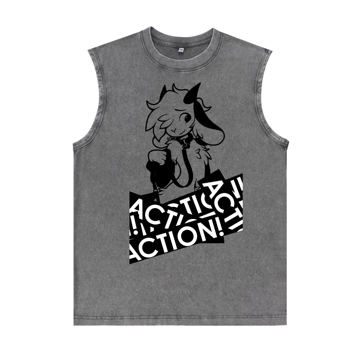 MODAKAWA X zarckets Anime Goat Graphic Unisex Vintage Washed Sleeveless T-shirt - Grey - 2XL - image 5