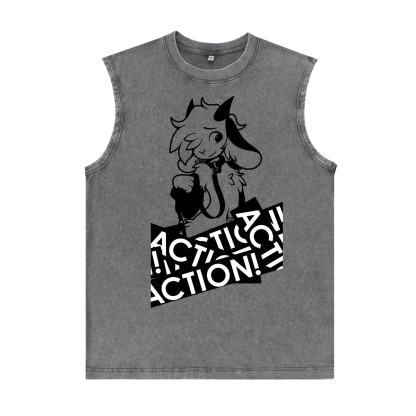 MODAKAWA X zarckets Anime Goat Graphic Unisex Vintage Washed Sleeveless T-shirt - Grey - 2XL - image 5