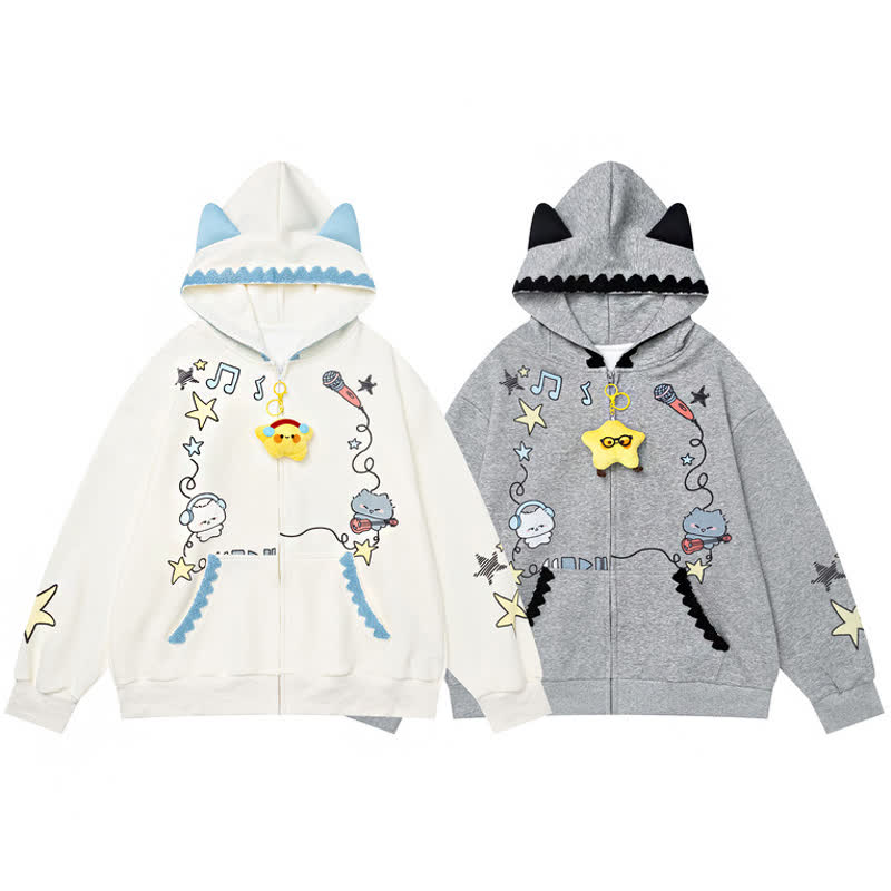 Cute Cat Ear Zip Up Music Note Cat Print Lace Trim Hoodie Sweatshirt - image 5