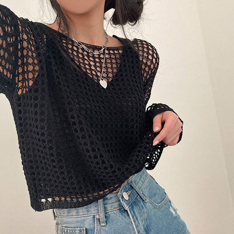 Loose Hollow Out See Through Mesh Crochet Crop Top - image 4