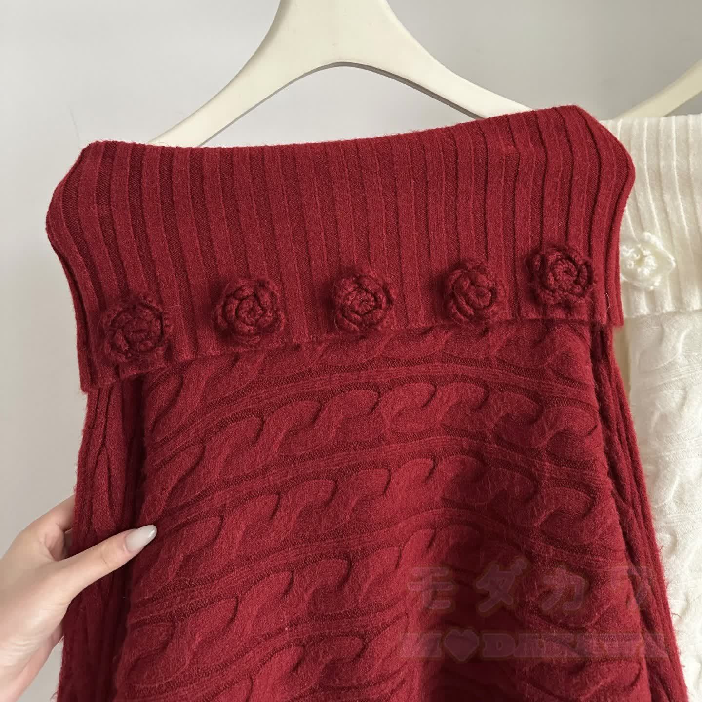 Chic Off Shoulder 3D Floral Knit Top - Red - One Size - image 7