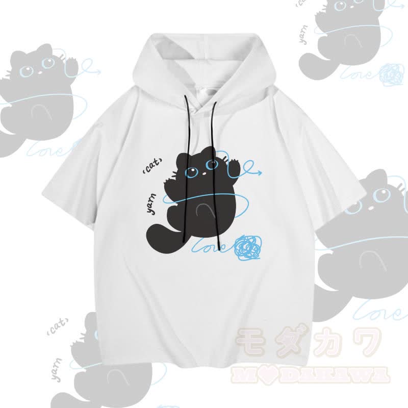 MODAKAWA Cat with Yarn Graphic Short Sleeve Hoodie - White - 3XL - image 3