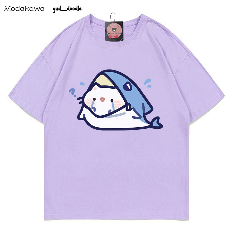 MODAKAWA X gud_doodle Kitty Shark Print T-shirt - Purple - 5XL - image 1