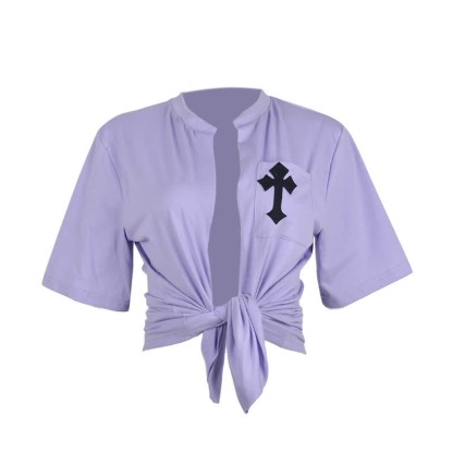 Cross Embroidery Pocket Lace Up Crop T-Shirt - Purple - L - image 5