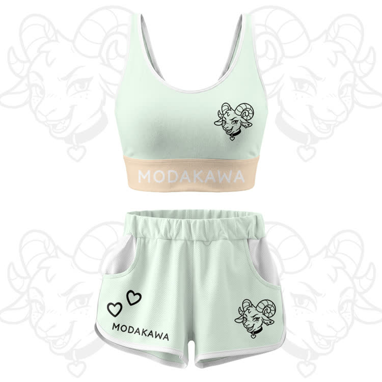 Goat Graphic Crop Tank Sport Top Shorts Modakawa Matching Outfit - Green Set - 5XL - image 15