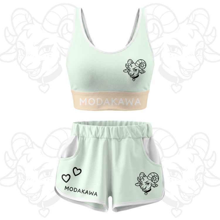 Goat Graphic Crop Tank Sport Top Shorts Modakawa Matching Outfit - Green Set - 5XL - image 15