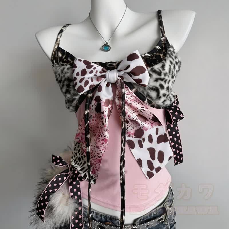 Y2k Leopard Print Bow Spliced Cami Top - Pink - L - image 5