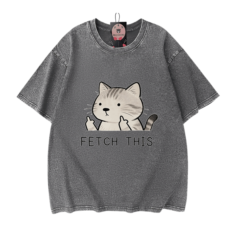 FETCH THIS Cat Graphic Modakawa Vintage Washed 100% Cotton T-shirt - Grey - 5XL - image 9
